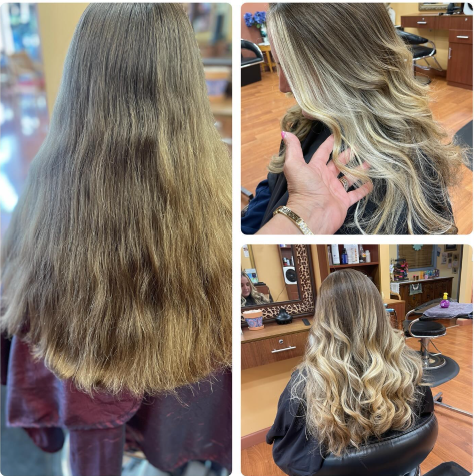 Before and after by Nora Scotto: flat, faded length turned into warm, dimensional balayage
